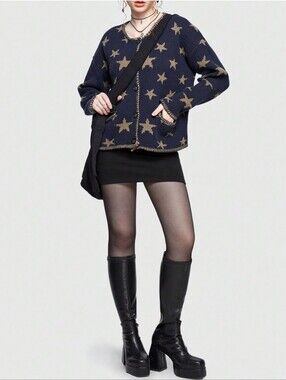 Navy Star-Print Knit Cardigan Jacket - Women's